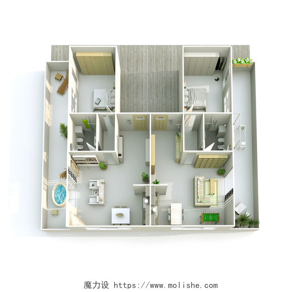 现代公寓室内装饰3D渲染双屋顶公寓 3d 室内渲染
